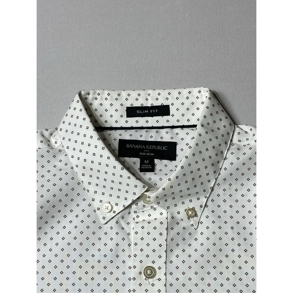 Banana Republic Slim Fit Non Iron Shirt Mens M 15-15.5 33-34 White Print